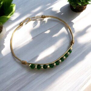 Gold Wire Bangle Bracelet With Green & Gold Beads Adjustable Boho Tribal
